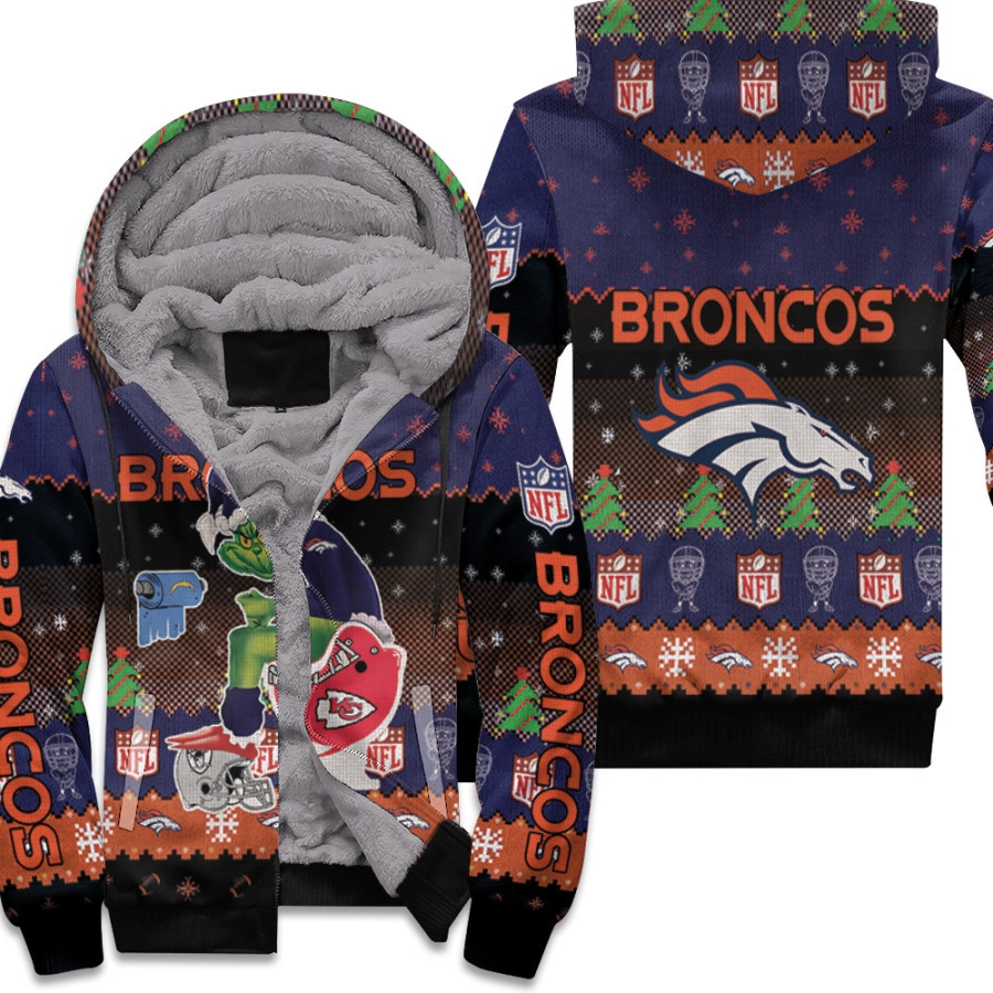 Santa Grinch Denver Broncos Sitting On Chiefs Chargers Raiders Toilet Christmas Gift For Broncos Fans Fleece Hoodie