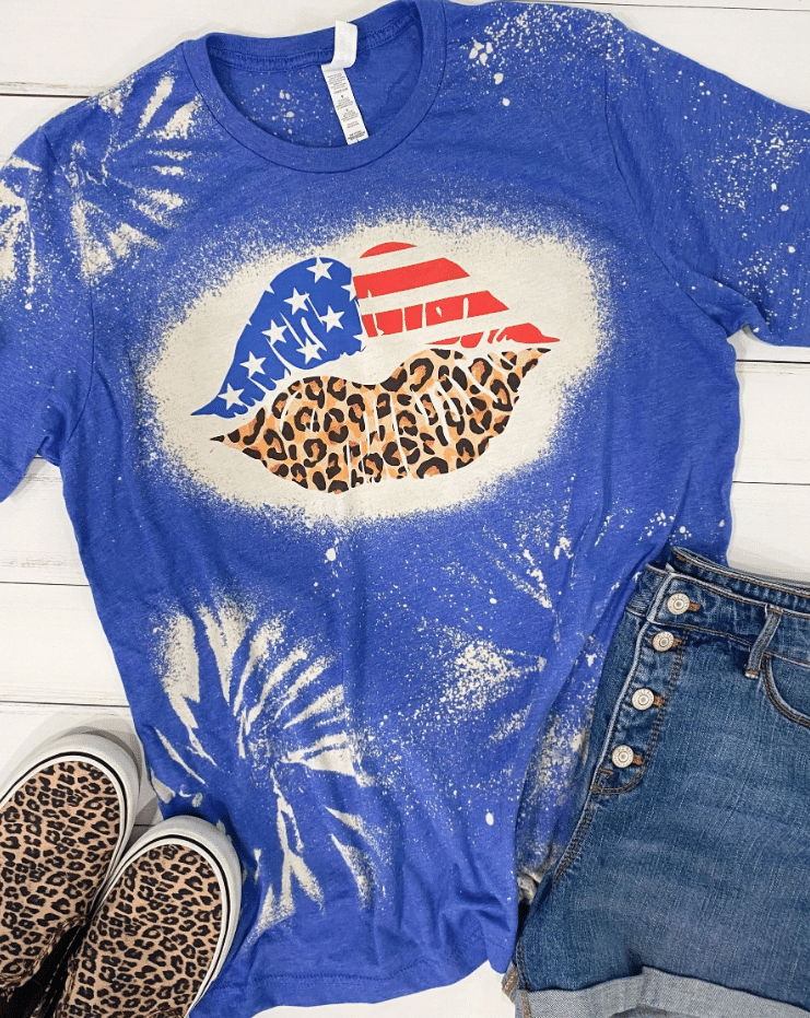 4Th Of July Bleached Blue Leopard Lips Tee, Fourth Of July, Independence Day Bleached Tshirt