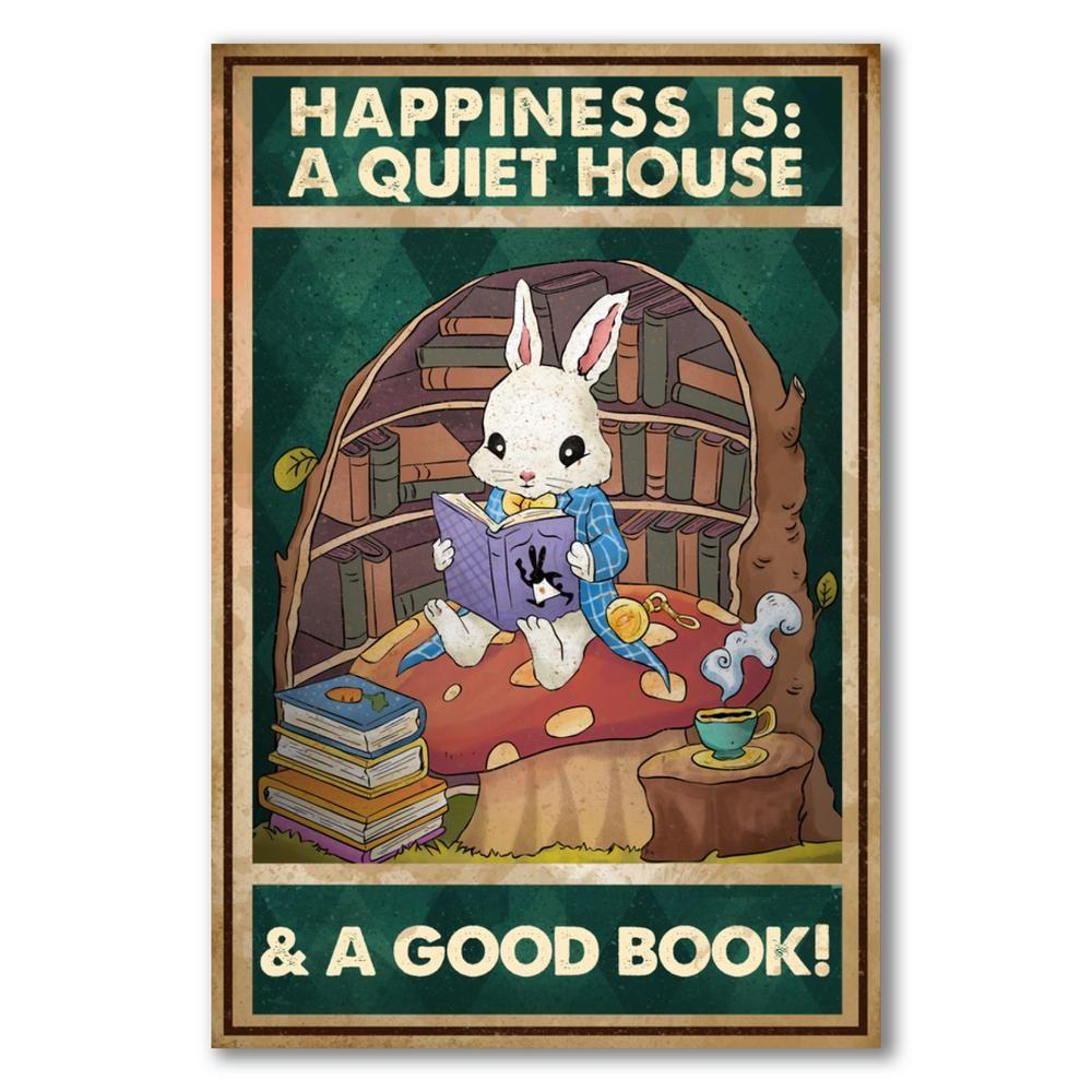 Love Reading Books Canvas Happiness Is A Quiet House And A Good Book Rabbit Canvas, Gift For Book’S Lovers