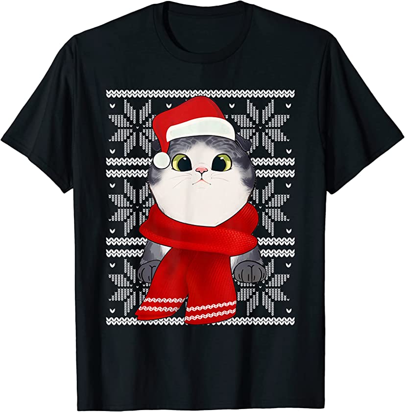 Ugly Christmas Cute Cat Santa Hat Scarf Holiday T-Shirt