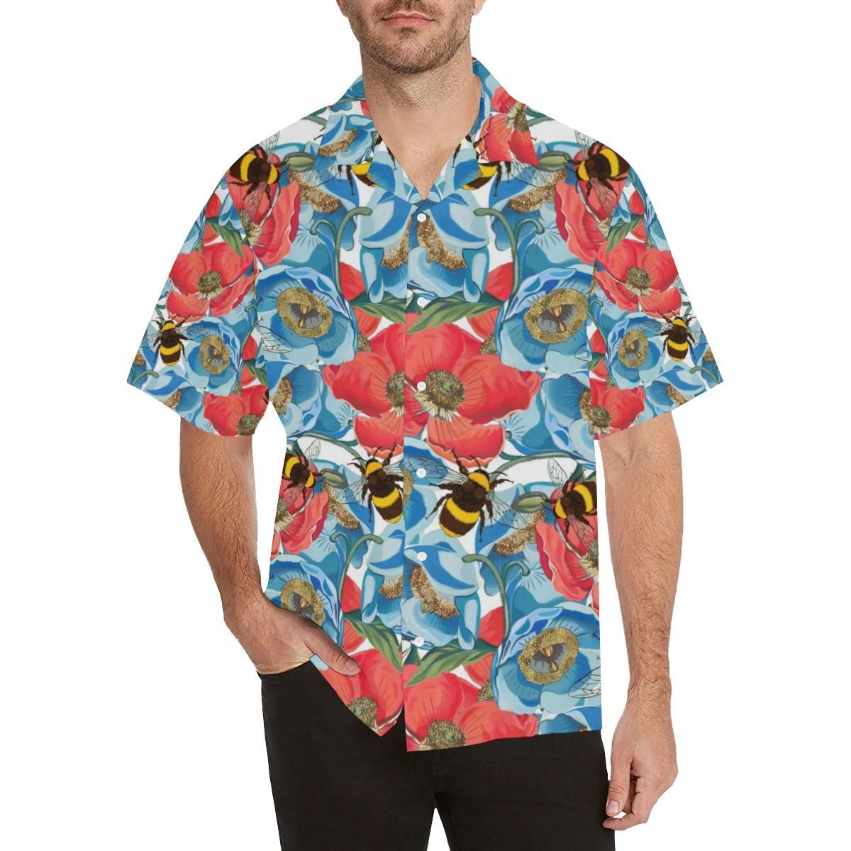 Bee Red And Blue Hibiscus Pattern Men’S All Over Print Hawaiian Shirt