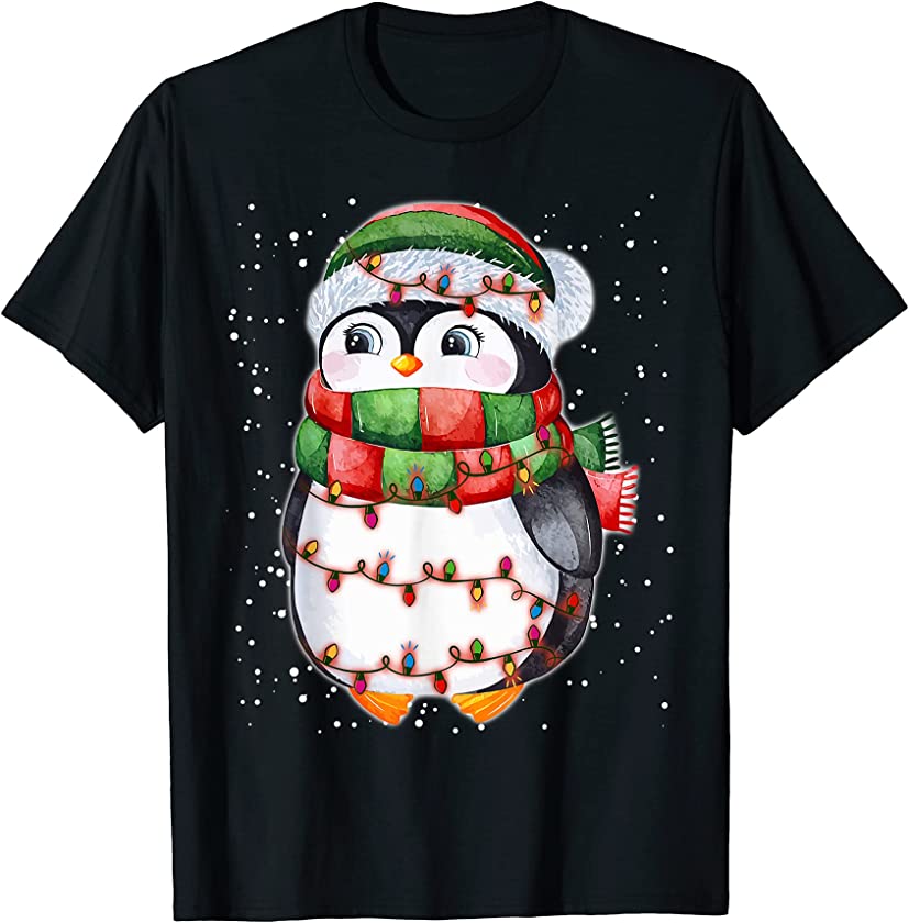 Cute Christmas Penguin Shirt Penguin Santa Hat Xmas Lights T-Shirt