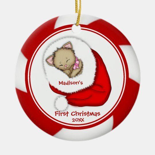 Personalized Ornament Santa Kitten Baby’S First Christmas Customized Circle Ornament