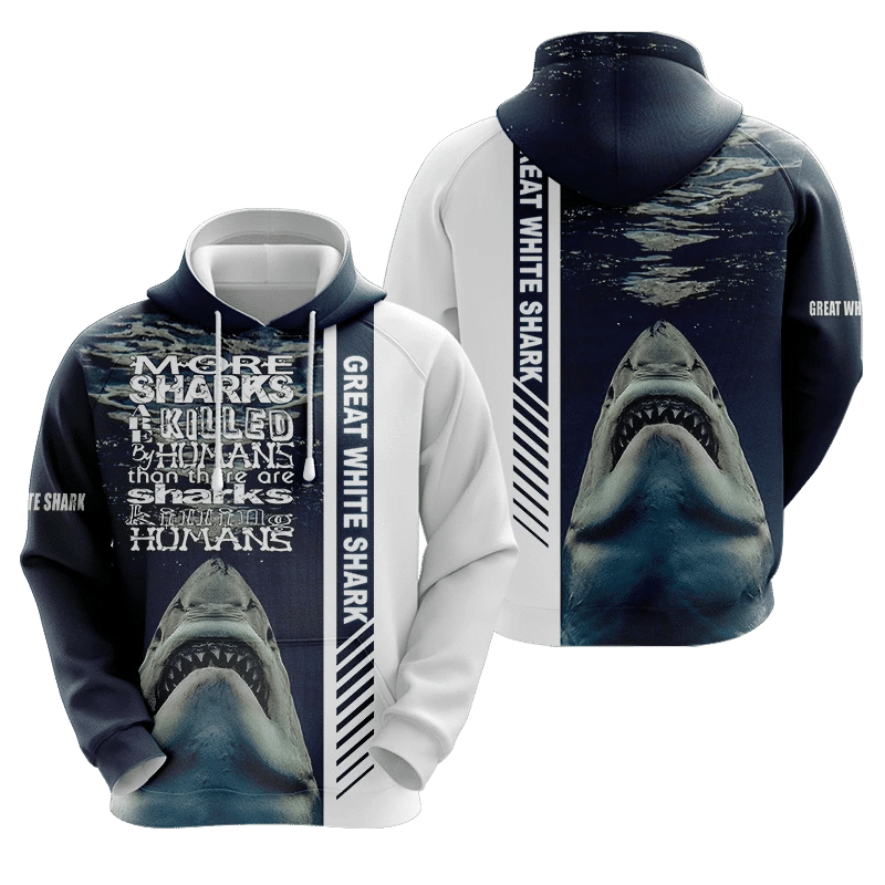 Shark Hoodie More Sharks Are Killed By Humans Than There Are Sharks Killing Humans Blue Hoodie Shark Week Apparel Adult Full Print