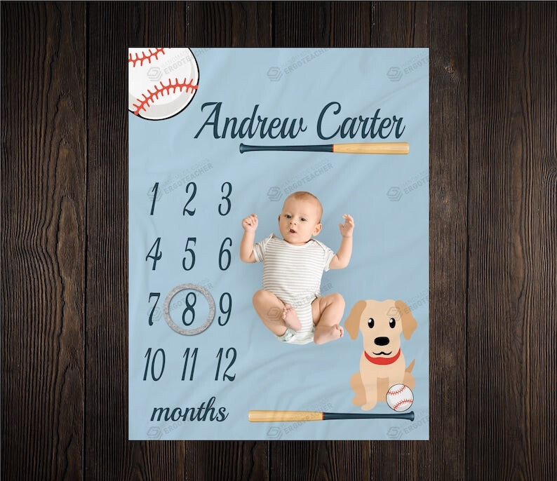 Personalized Baseball With Puppy Dog Monthly Milestone Blanket, Newborn Blanket, Baby Shower Keepsakes Gift