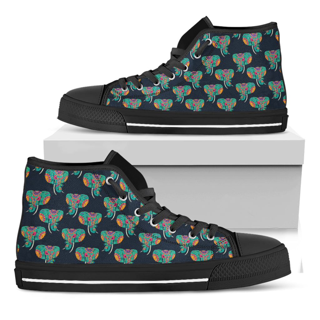 Indian Tribal Elephant Pattern Print Black High Top Shoes