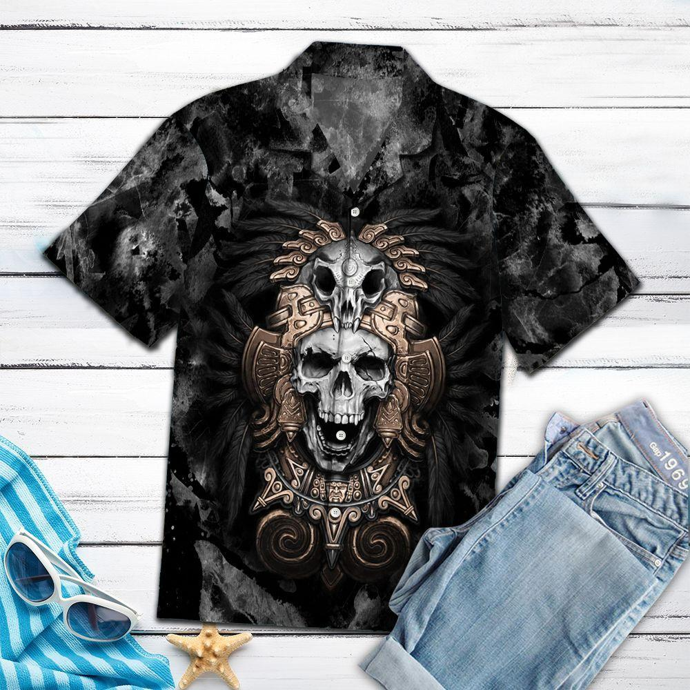 Aztec Skull 3D Print Hawaiian Shirt | Crazy Funny Hawaiian Shirt | Vintage Hawaiian Shirt