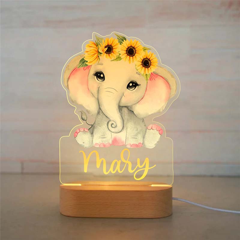 Personalized Baby Elephant Lion LED USB 7 Colors Night Light Custom Name Acrylic Lamp For Kids Children Bedroom Home Decoration alx