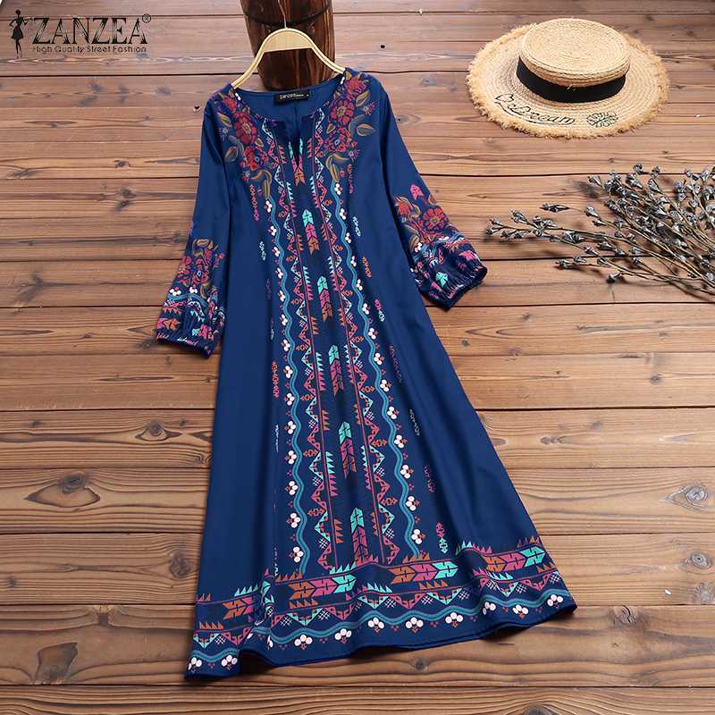 Women Bohemian Floral Printed Dress ZANZEA Autumn V Neck 3/4 Sleeve Sundress Femme Robe Split Hem Beach Vestido Vintage Dresses7 alx