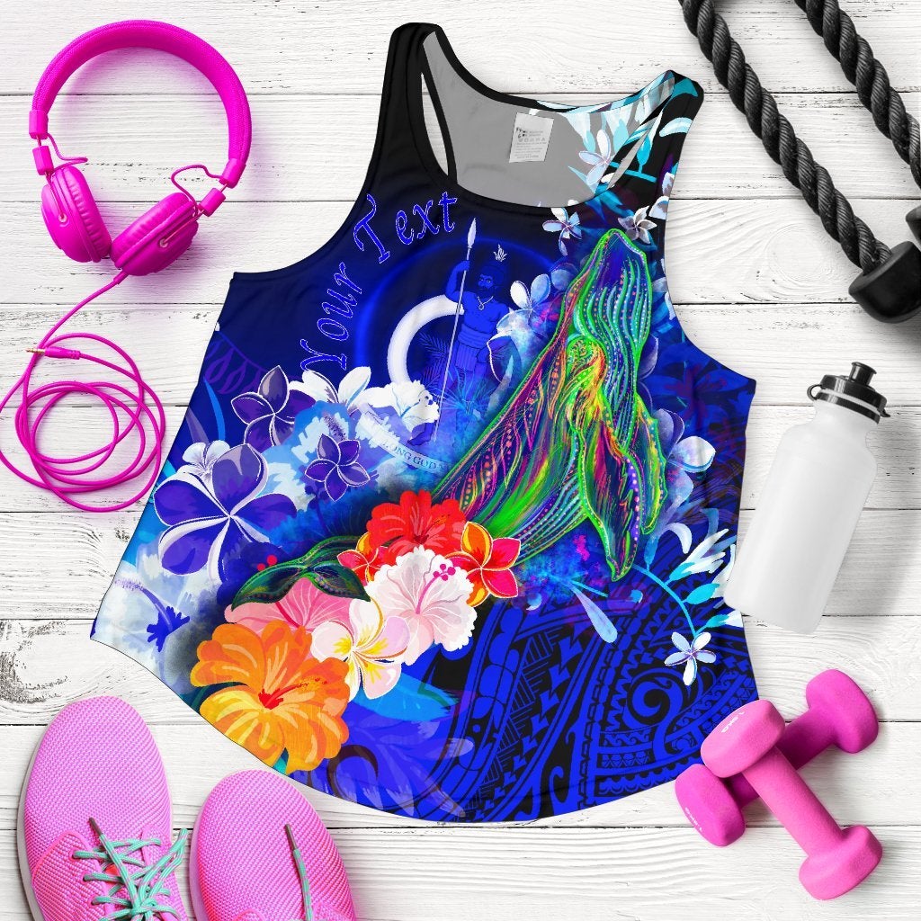 Vanuatu Custom Personalised Women Tank – Humpback Whale With Tropical Flowers Blue