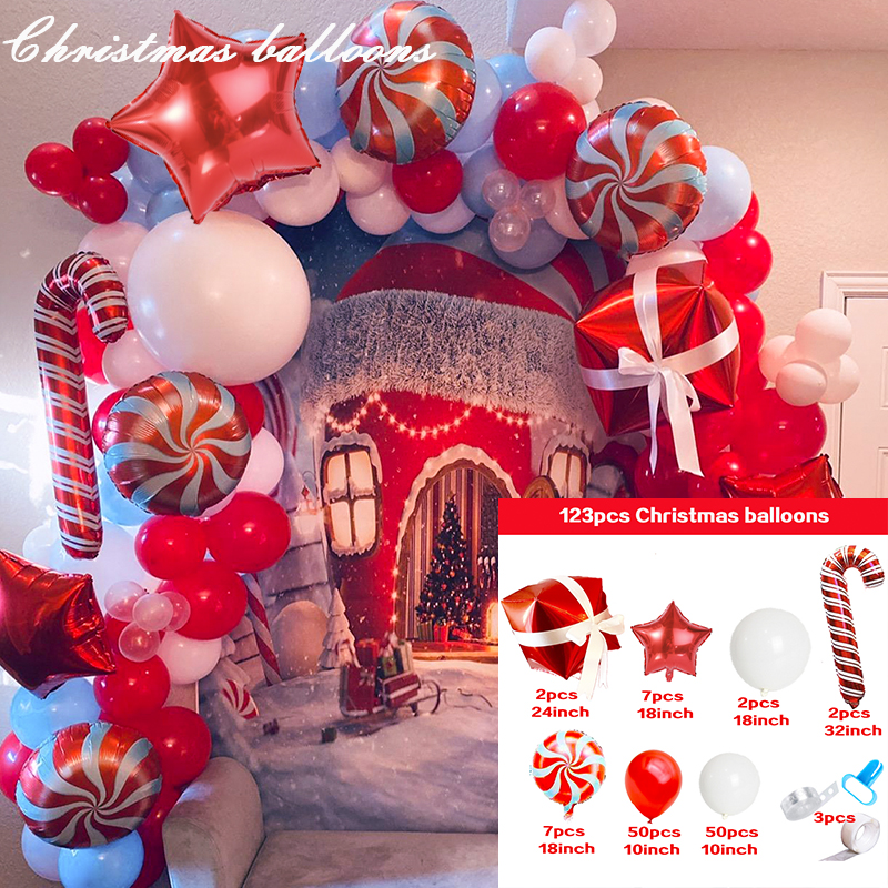 Christmas Balloon Garland Arch kit Christmas Red White Candy Balloons Gift Box Red Star Balloons for Christmas Party Decorations alx