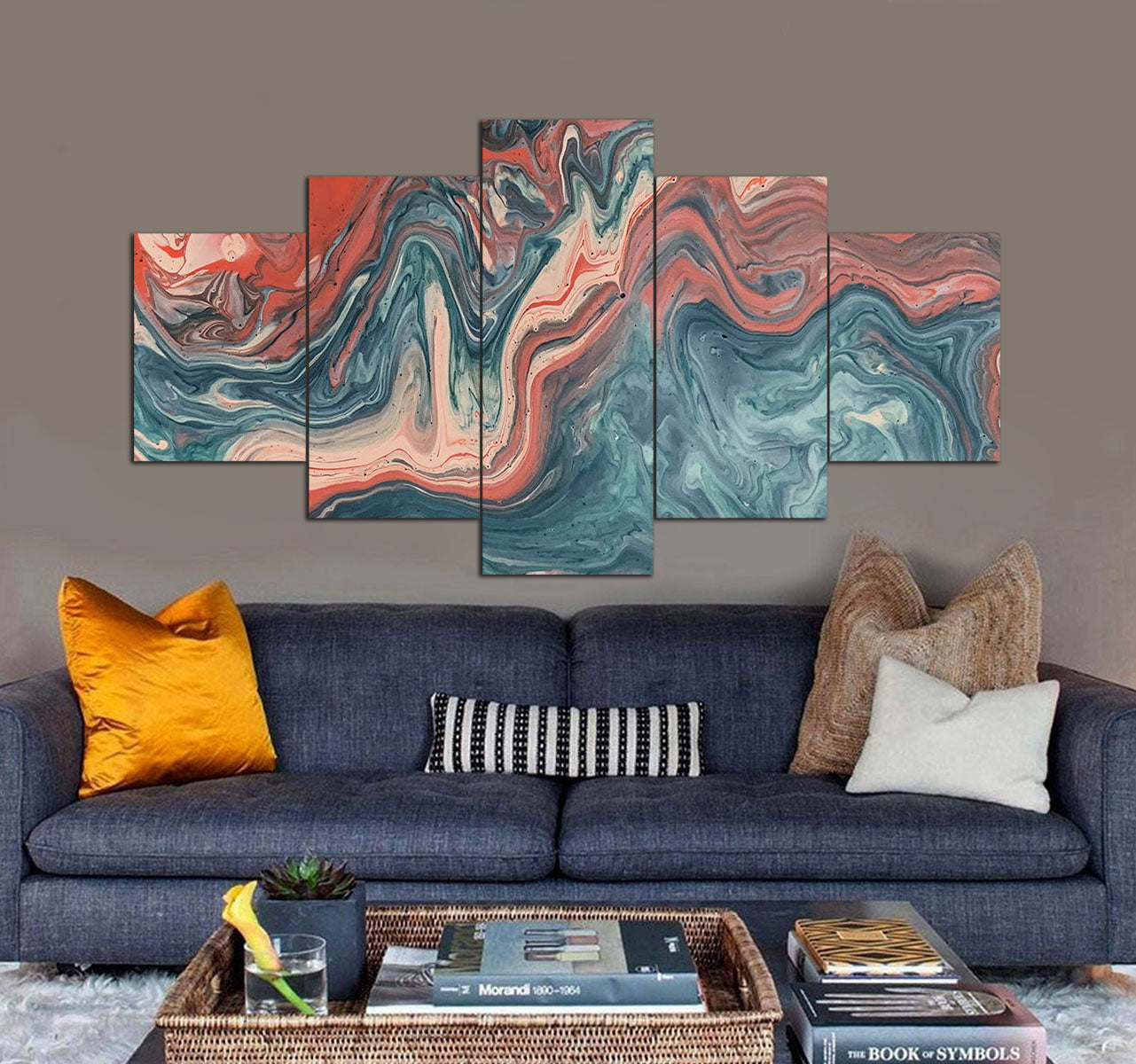 Blue and Red Abstract Painting 3D 5 piece canvas art