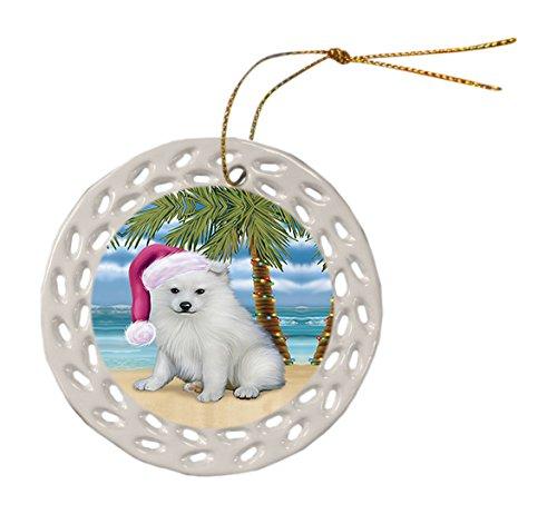 Summertime American Eskimo Puppy On Beach Christmas Round Doily Ornament Por421