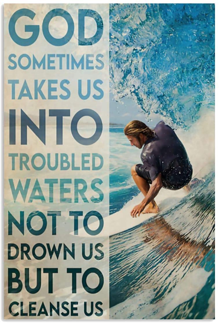 Vintage Girl Surfers God Takes Us Into Troubled Waters Poster Art Print      Home Decor Gift For Men Women Family Friend On Birthday Xmas