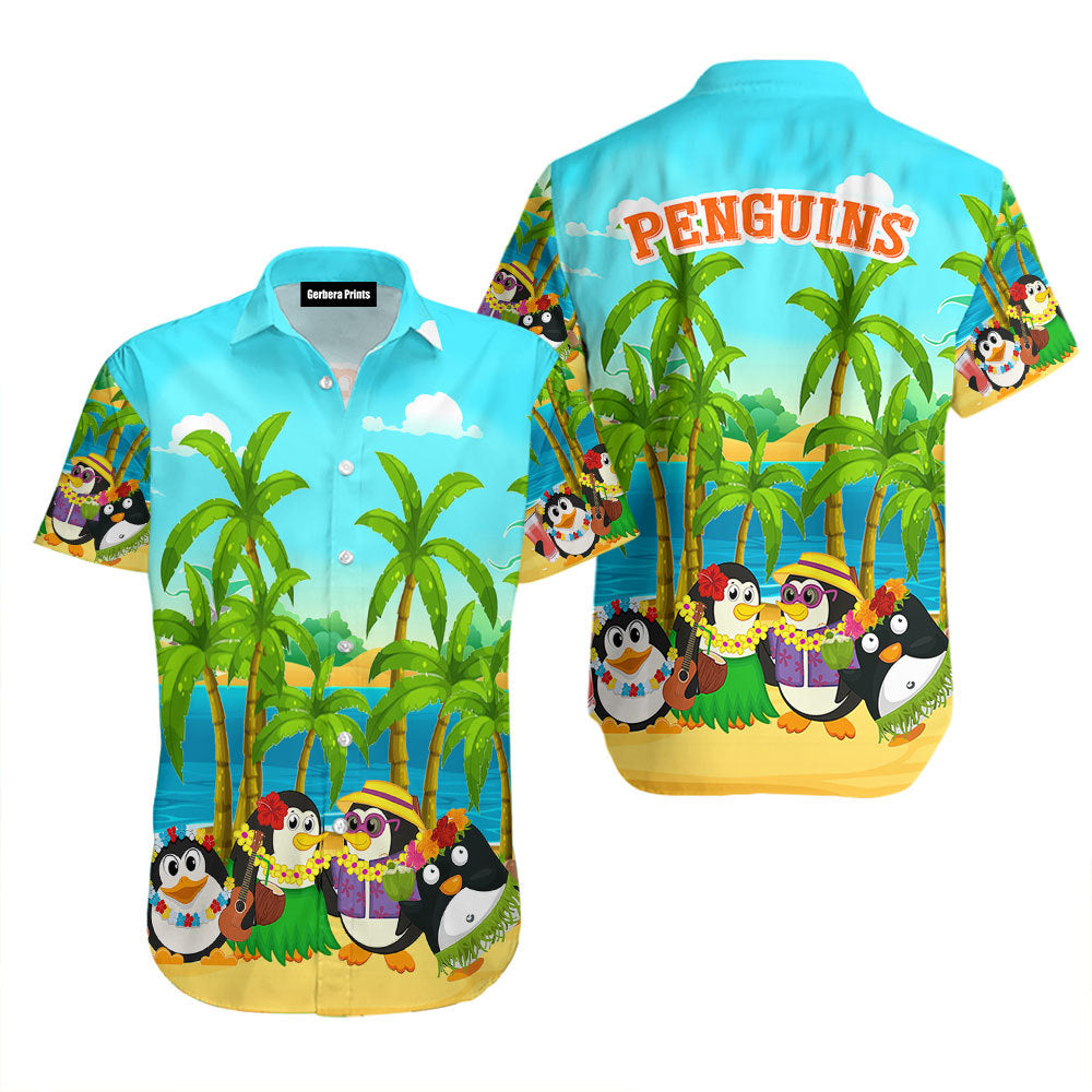 Coconut Trees Penguin On Beach Blue Aloha Hawaiian Shirts For Men And For Women Wt9607