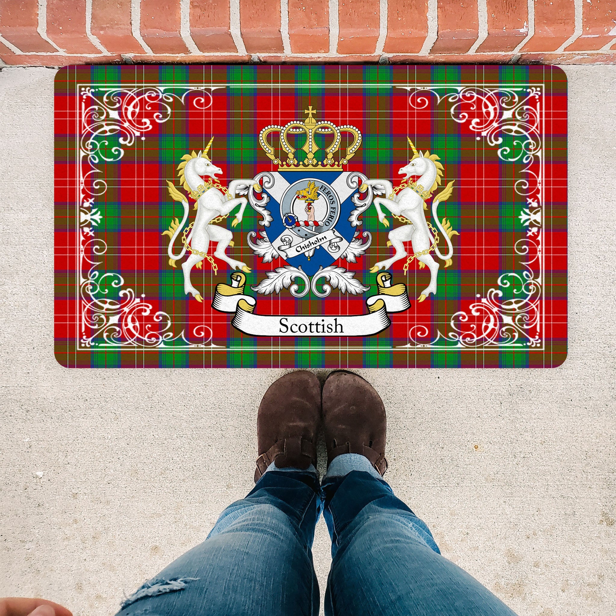 Scotstee Shop Tartan Door Mat Chisholm Clan Badge Tartan Scottish Plaid Doormat, Christmas Door Mat