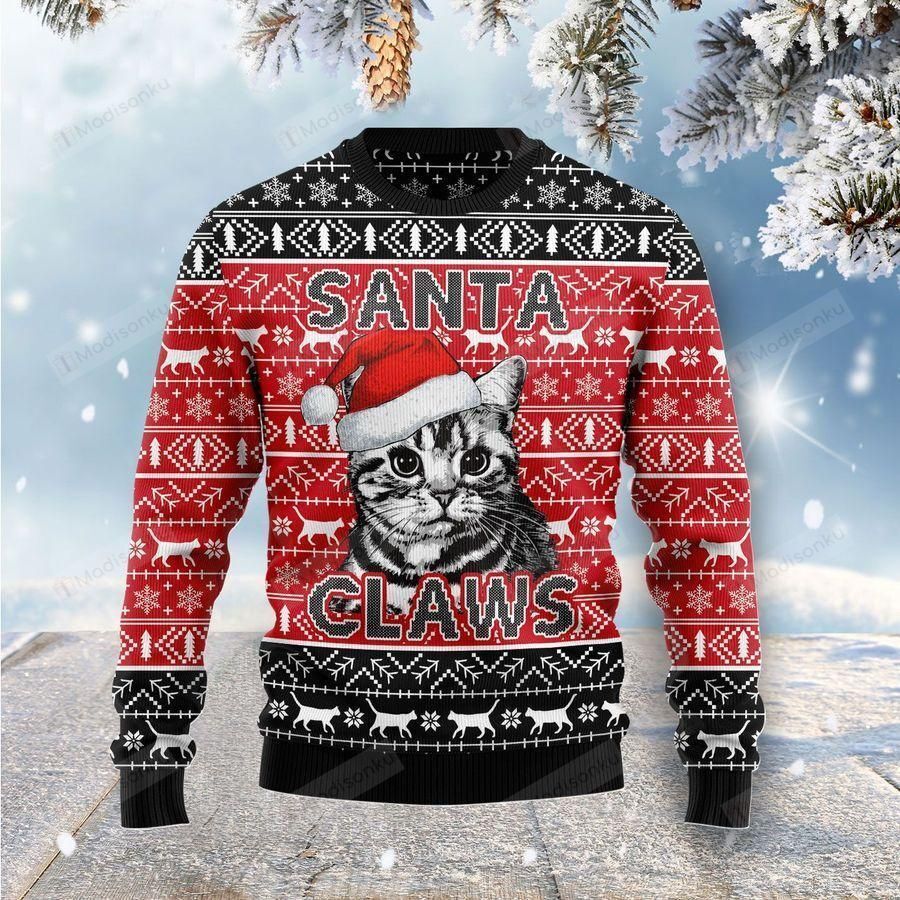 Cat Santa Claws Cat Pattern Black Red Ugly Christmas Sweater, All Over Print Sweatshirt