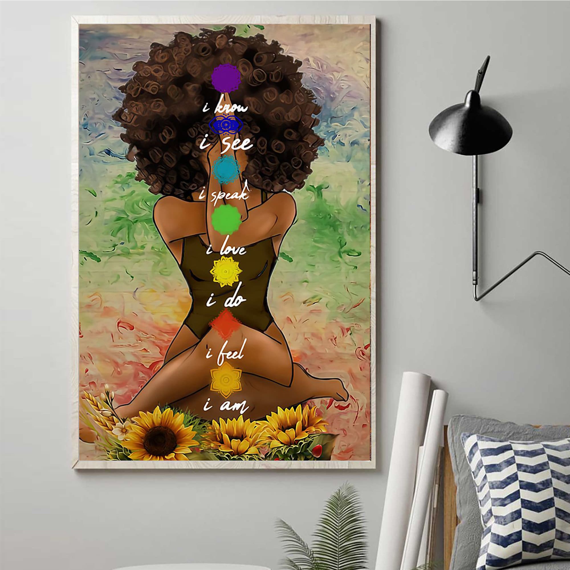 Yoga African American Wall Art Vertical Poster, Black Girl With Sunflower Poster, African American I Know I See I Speak I Am Poster