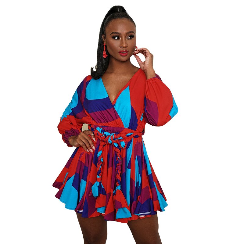 Dashiki Print Sexy Plunge V Neck 5XL Plus Size Sashes Dress 2021 Summer New Fashion Chic Elegant Beach Holiday Dresses For Women alx