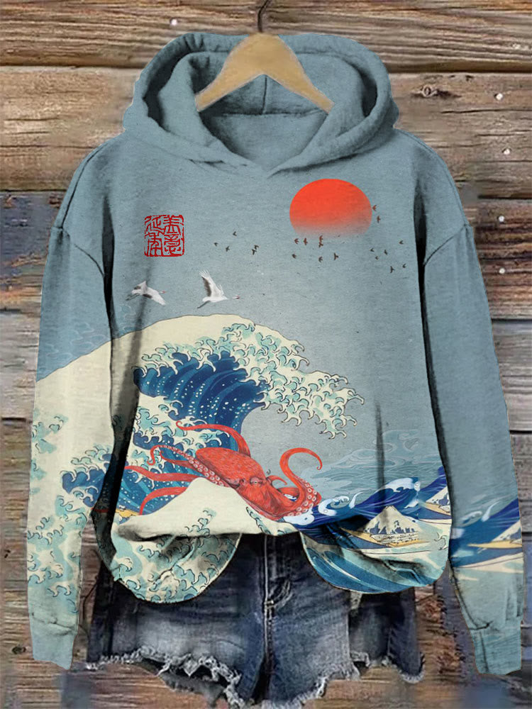 Octopus Wave Japanese Art Vintage Print Hoodie