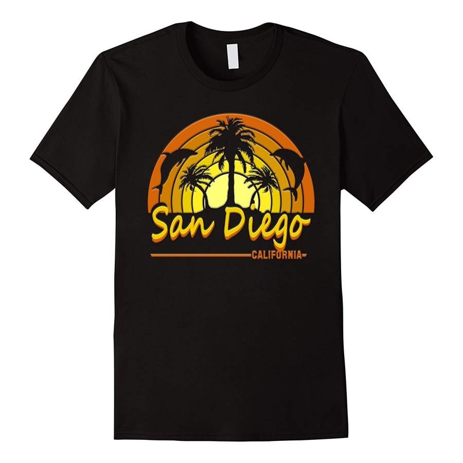 San Diego, Palm Trees, Dolphins. Waves. Seagulls T Shirt Cheap summer short sleeve T-shirt