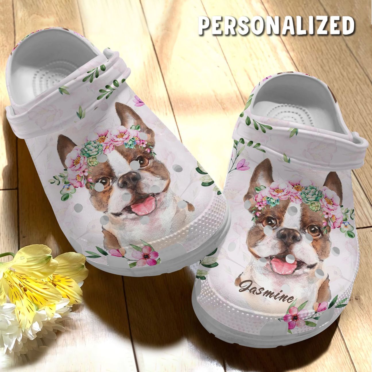 Boston Terrier Personalized Clog, Custom Name, Text Boston Terrier Floral, Fashion Style For Women, Men, Kid, Print 3D