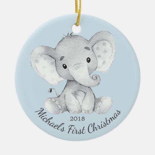 Personalized Ornament Cute Elephant Boys First Christmas Customized Ceramic Circle Ornament 1 – 2 Sided