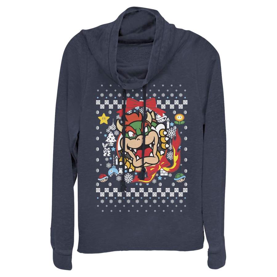 Nintendo Junior’s Christmas Bowser Wreath  Cowl Neck Sweatshirt