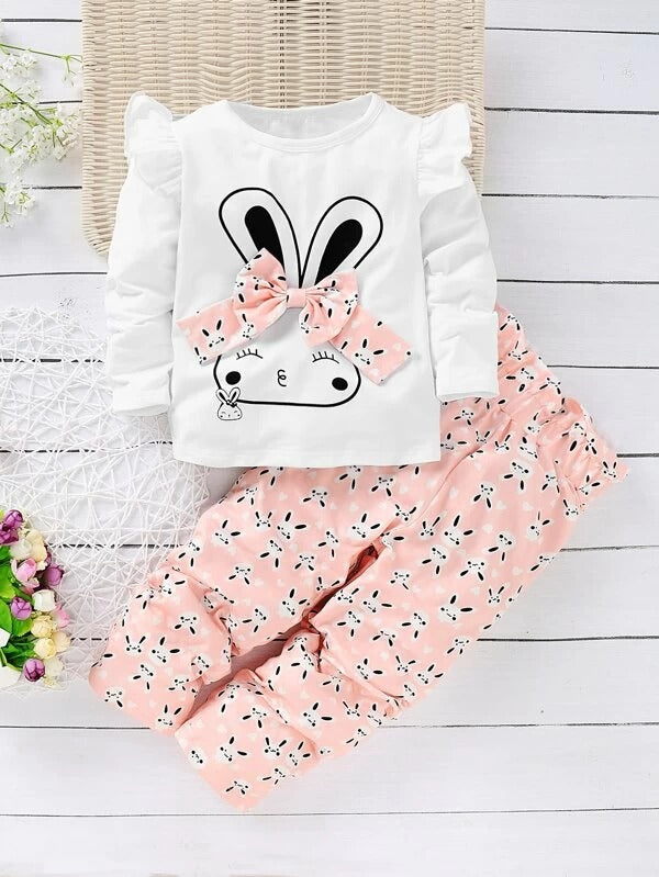 Toddler Girls Bow Front Rabbit Print Tee With Paperbag Pants