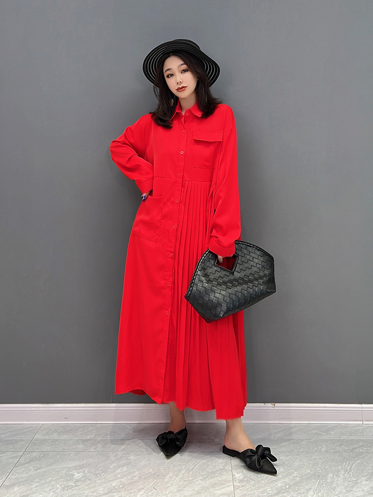 XITAO Asymmetrical Pleated Shirt Dress Fashion Simplicity Solid Color Splicing Long Sleeve Casual Dress Autumn New ZY6530 alx