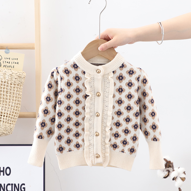 Children’s Autumn Children’s Sweater Girls’ Flower Cardigan with Wooden Ears Children’s Knitted Jacket alx