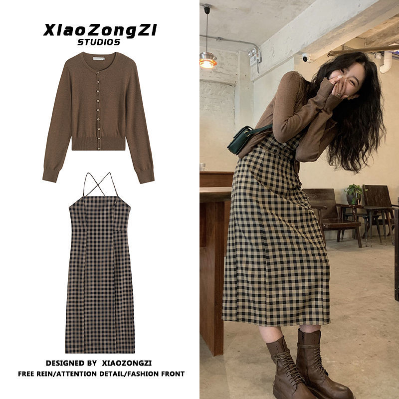 Women Dress Sets Cardigans and Plaid Sleeveless Dress Spring Autumn Elegant Female Casual Two Pieces Vintage Retro Students Chic alx