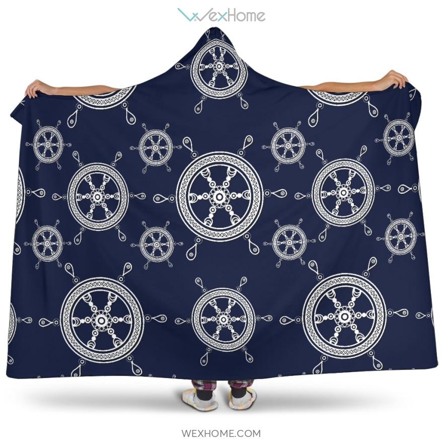 Nautical Steering Wheel Design Pattern Hooded Blanket