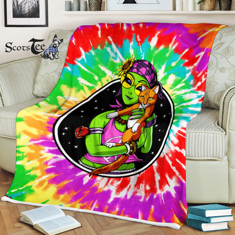 Scotstee Shop Blanket Hippie Alien Cat Space Kitten Tie Dye Rainbow Hippie Fleece Blanket