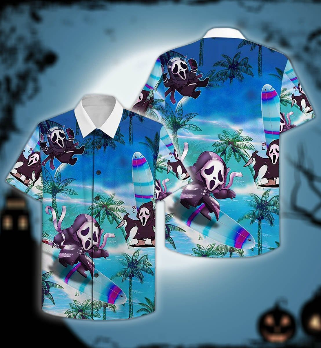 Halloween Funny Ghostface Surfing Tropical Island Hawaii Aloha Shirts Dh Ha82211