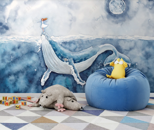 3D Watercolor Whale Girl Moon Blue Wall Mural Wallpaper Lll 2587