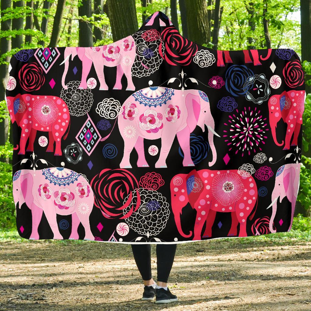 Pink Elephant Pattern Hooded Blanket