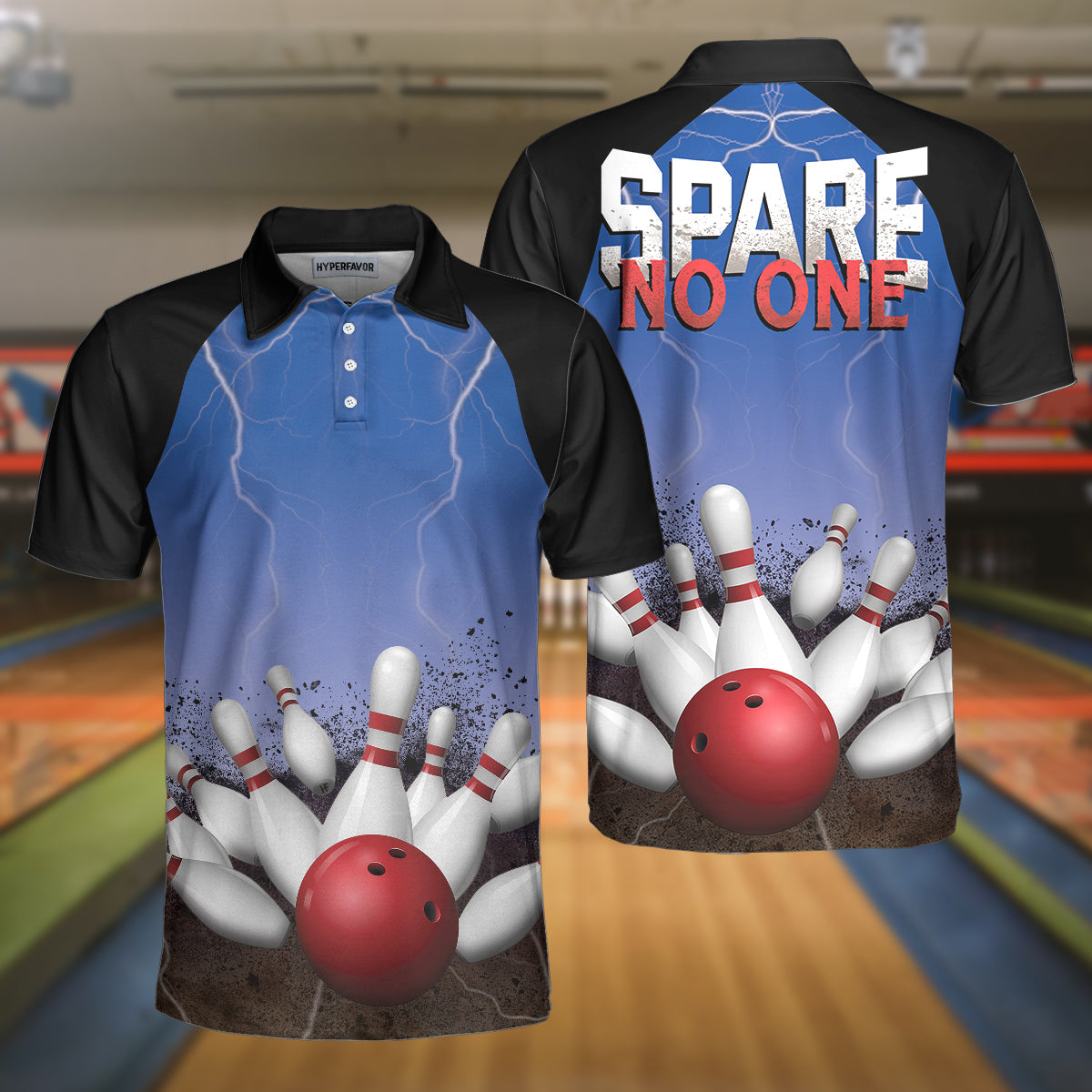 Spare No One Bowling Polo Shirt, Black And Blue Tenpin Bowling Shirt For Men, Cool Bowling Gift Idea Coolspod