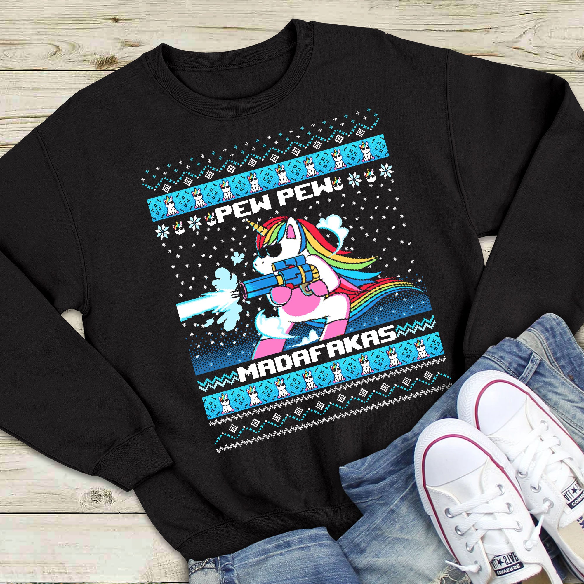 Unicorn Pew Pew Madafakas Ugly Sweater Graphic Unisex T Shirt, Sweatshirt, Hoodie Size S – 5XL