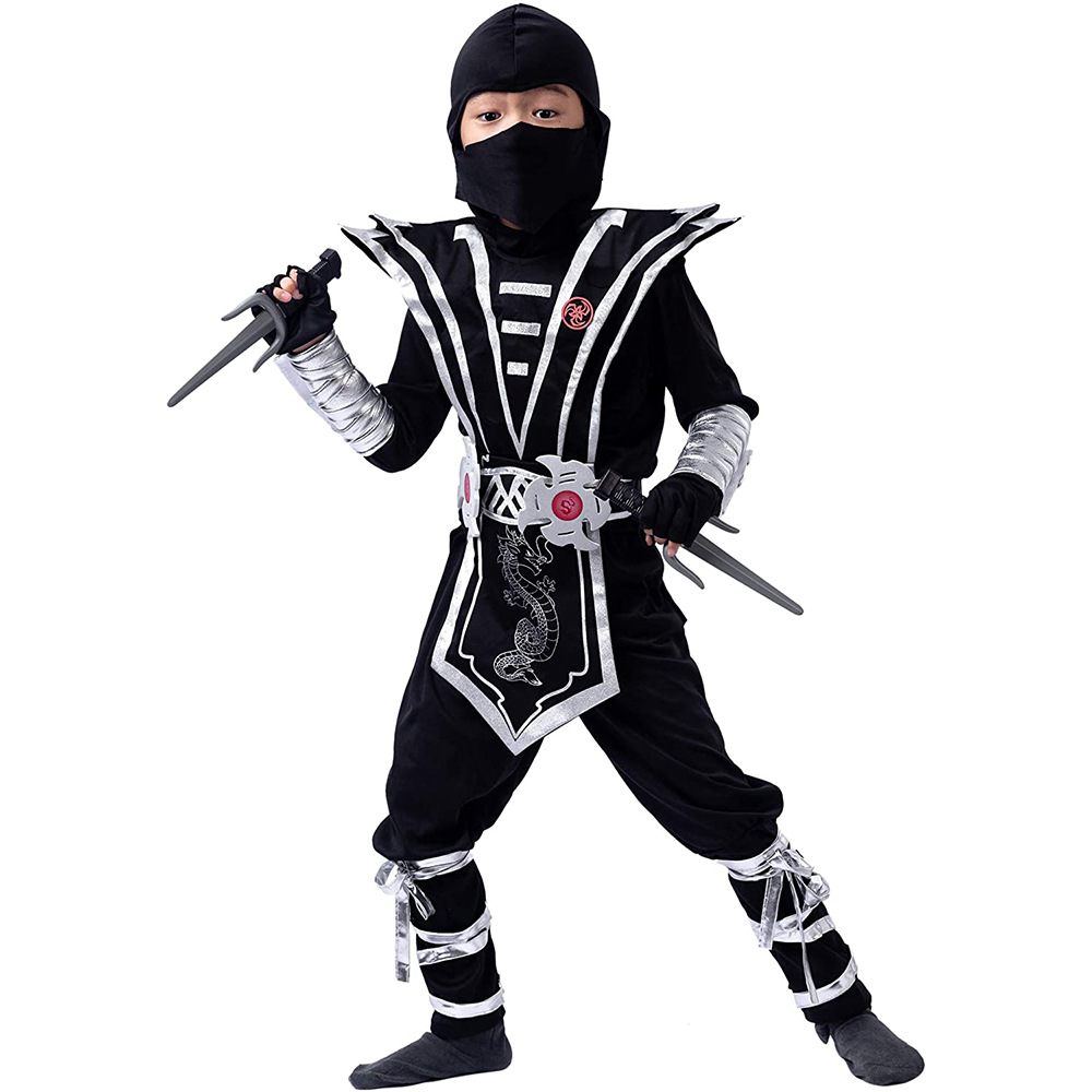 Boy Ninja Costume Kids Silver Dragon Ninja Costumes Children Superhero Cosplay Jumpsuit With Weapon Halloween Carnival Suit alx