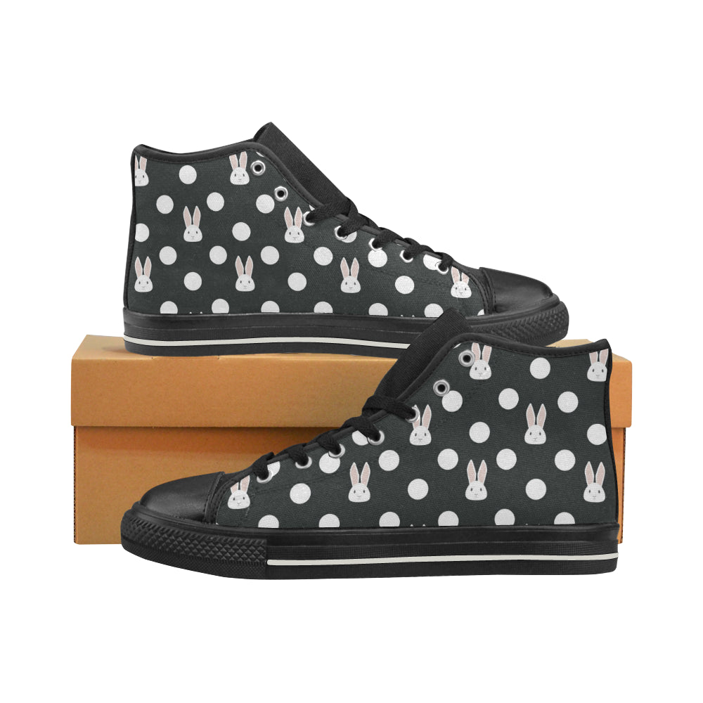 Cute White Rabbit Polka Dots Black Background Women’S High Top Canvas Shoes Black Gift For Men Women