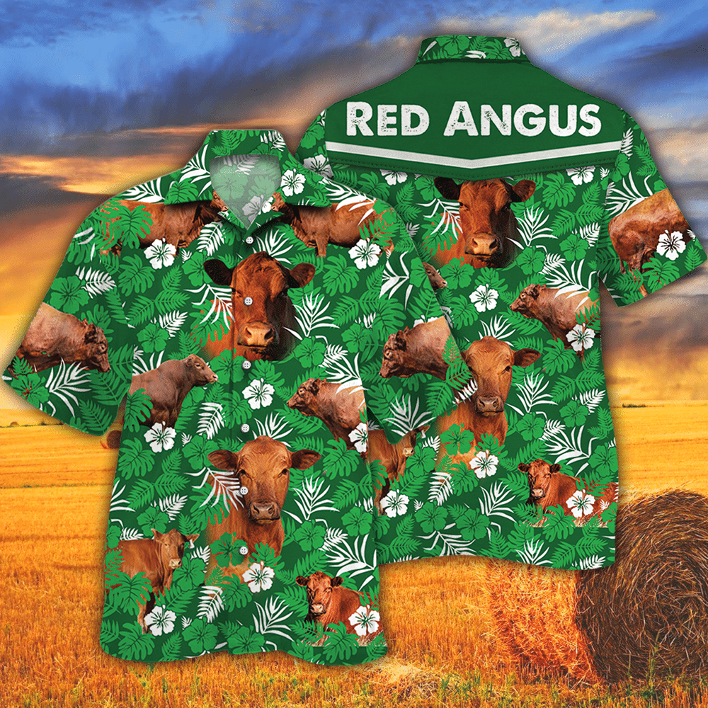 Red Angus Cattle Lovers Green Floral Pattern Hawaii Cow Hawaii Shirt For Men Women Ha24607