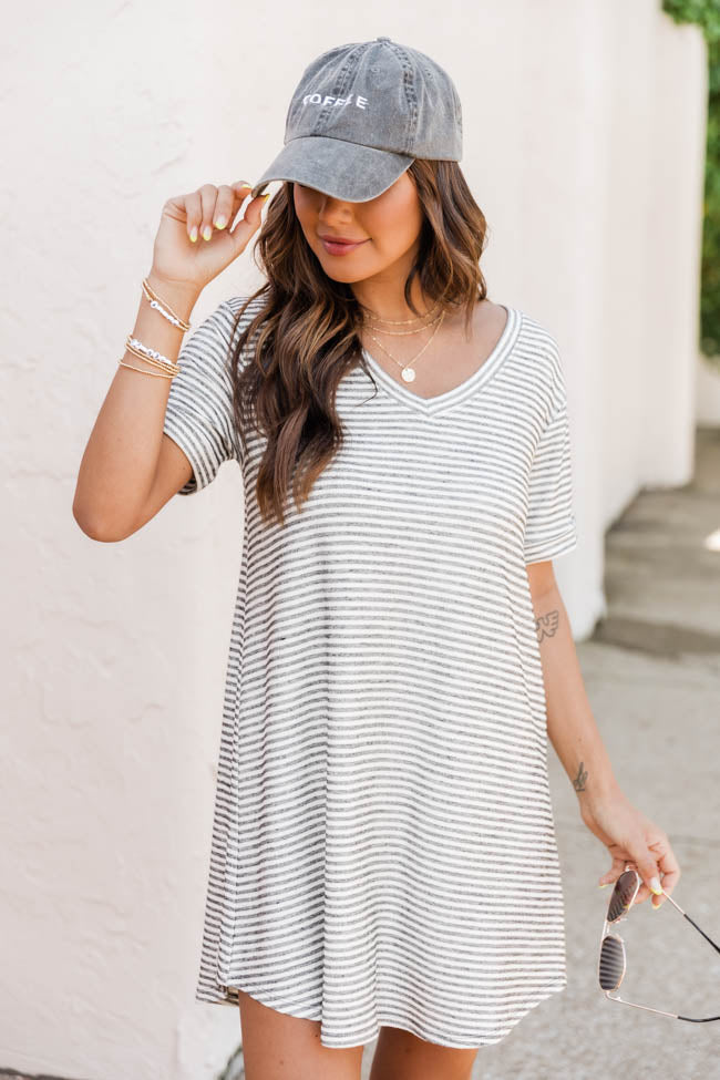 When You’Re Ready White/Grey Striped T-Shirt Dress