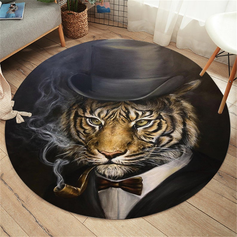 Round Carpets 3D Printed Area Rug For Living Room Smoking Animal Bedroom Rug Gentleman Black Cool Play Mat