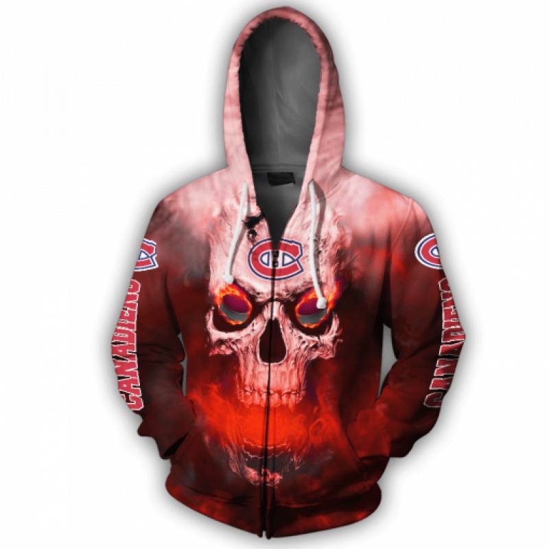 Men / Women New Design Montreal Canadiens Full Print 3D Skull Zipper Hoodie, Montreal Canadiens All Over Print Skull Apparel