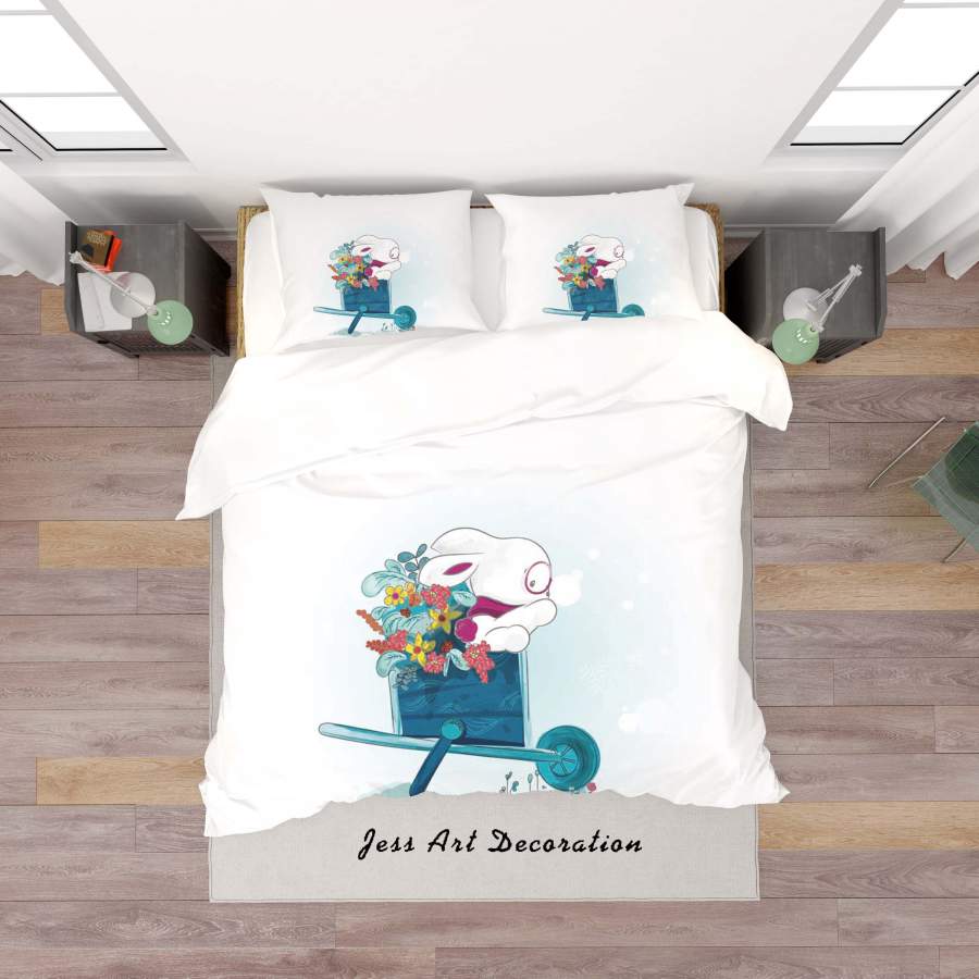 3D White Cartoon Cart Floral Rabbit Quilt Cover Set Bedding Set Duvet Cover Pillowcases SF59