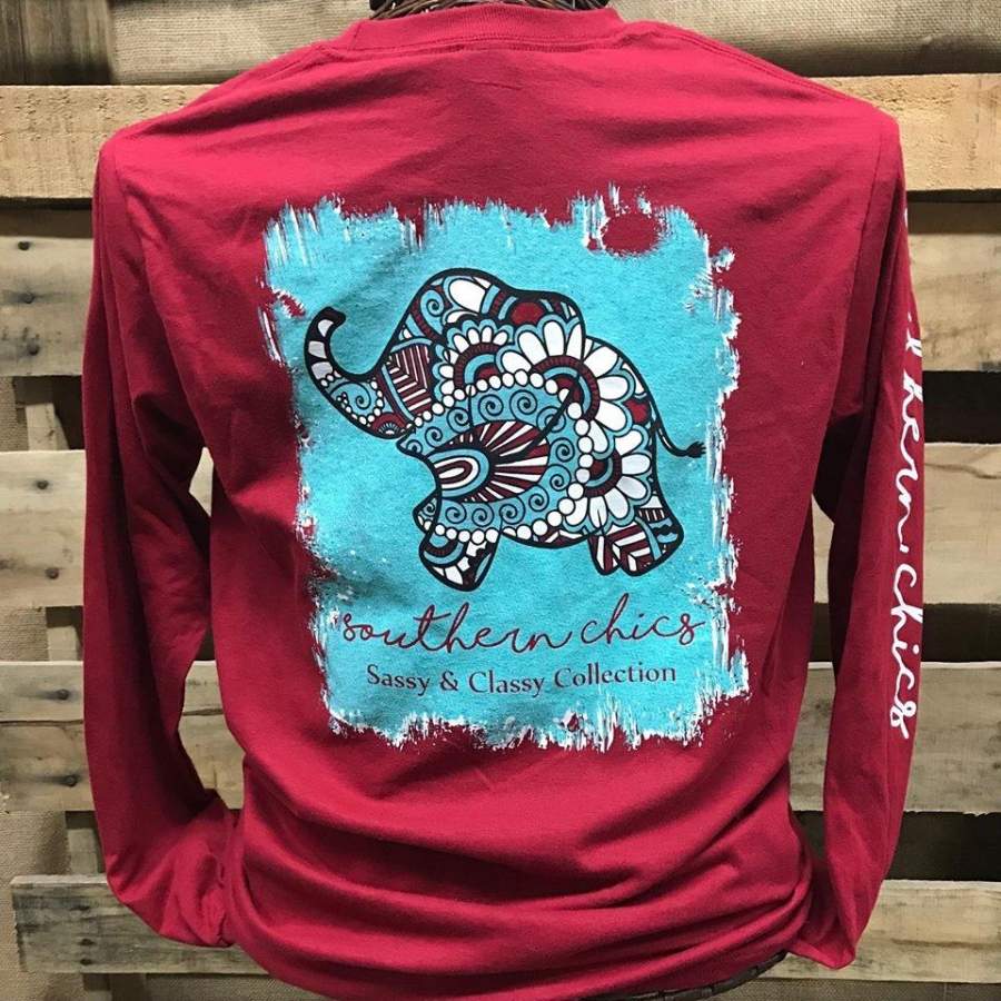 Southern Chics Sassy Classy Collection Preppy Elephant Distressed Long Sleeve Bright T Shirt