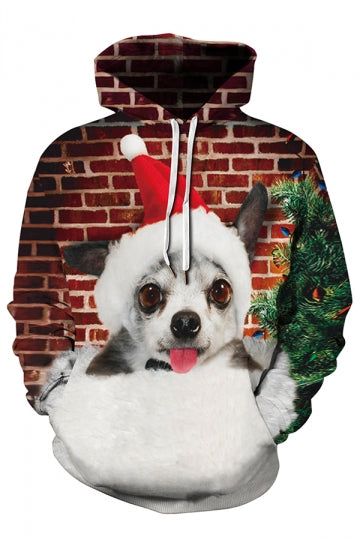 Cute Puppy Print Christmas Hoodie Dark Red