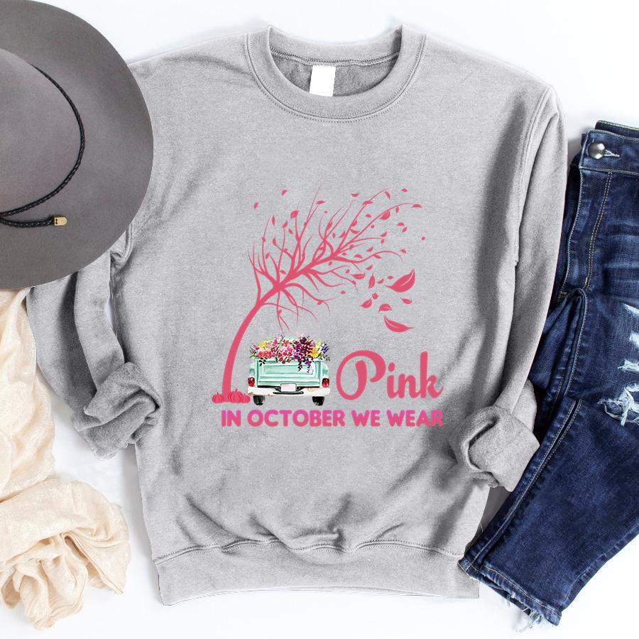 In October We Wear Pink Truck Pumpkin Breast Cancer Hallween Pullover Hoodie