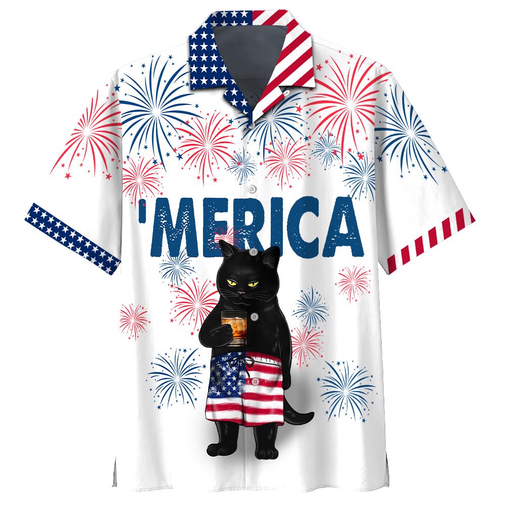 AMERICA – Black Cat Drink Bourbon Hawaiian Shirt Short